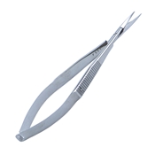 Straight Iris Scissors, Serrated And Flat Handle With Polished Finish, Sharp Pointed Tips, 21mm Mid Screw To Tip, And Overall Length Of 4 1/2" (115mm) 